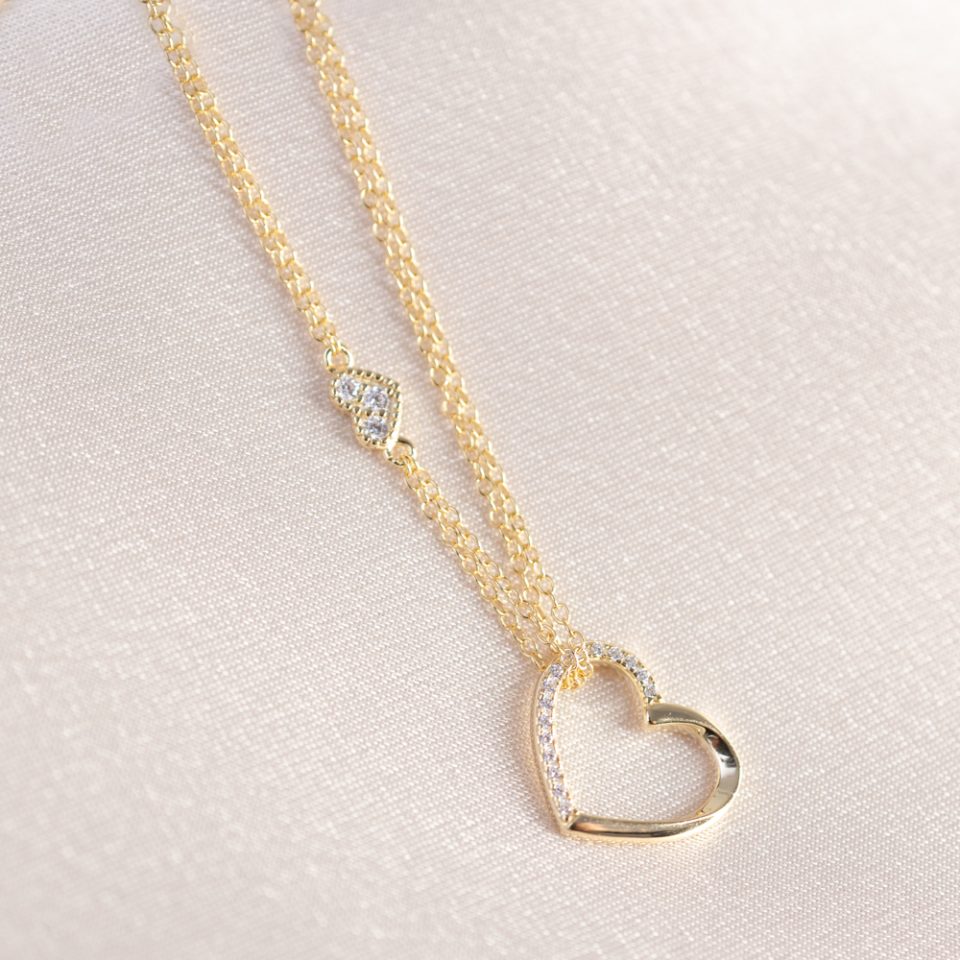 Amora Double Heart 14k Gold on Silver Bracelet Heart with CZ