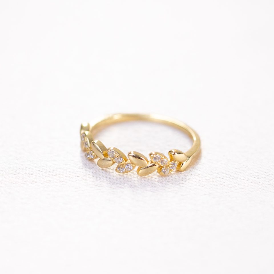 Leaf Motif Gold CZ Ring